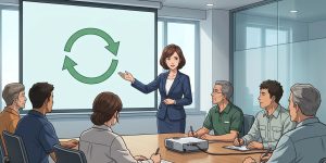 Un'insegnante sta tenendo una lezione per professionisti all'interno di una sala riunioni. La docente mostra il simbolo della freccia dell'aggiornamento in una presentazione. Ad assistere alla lezione ci sono diversi professionisti, seduti attorno a un tavolo sito nella sala riunioni.