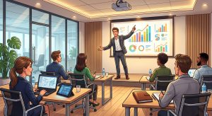 Un'illustrazione digitale professionale, in stile cartoonesco di alta qualità, cattura una scena dinamica di presentazione aziendale in una moderna sala conferenze. La prospettiva è dal retro della sala, guardando verso il relatore e lo schermo. Al centro della scena, un uomo con capelli castani ben pettinati, che indossa un abito grigio scuro e una camicia bianca aperta, sta in piedi con una posa carismatica e sorridente. Ha il braccio destro sollevato e l'indice che punta direttamente a un grafico sul grande schermo di proiezione dietro di lui. L'altra mano è tesa di lato con il palmo aperto, rivolta verso il pubblico, come per coinvolgerlo. Non inserire scritte o simboli. Davanti al relatore, il pubblico è seduto a due file di tavoli da conferenza in legno chiaro. Tutte le persone sono rivolte verso il relatore. Nella prima fila, più vicina all'osservatore, ci sono quattro persone: una donna a sinistra (di profilo), un uomo e una donna al centro (di spalle) e un uomo a destra (di spalle). Davanti alla donna a sinistra c'è un laptop nero aperto e un tablet nero con lo schermo acceso che mostra un'interfaccia fittizia. Davanti all'uomo a destra c'è un taccuino/folio di pelle marrone chiuso e una penna. Almeno tre altre persone sono visibili nella seconda fila. La scena è situata in un'azienda e i discenti sono i dipendenti. La sala conferenze è moderna, con pareti laterali in vetro a sinistra che rivelano un altro ufficio e una pianta, e pareti pannellate a doghe di legno a destra. Sul soffitto è montato un proiettore. L'arredamento è contemporaneo, con sedie da conferenza in rete nera con dettagli cromati. L'illuminazione è calda, proveniente dall'alto e dallo schermo luminoso.