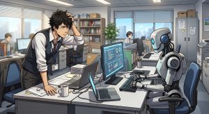 L'immagine rappresenta un lavoratore mentre guarda preoccupato un robot che sta lavorando al PC